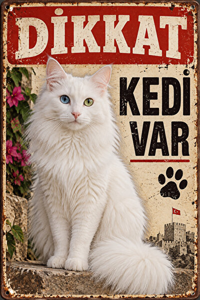 Lucena Caution Cat Present Turkish Angora Metal Sign - Retro Decorative Cat W...