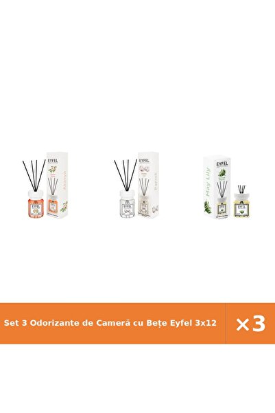Eyfel Set 3 Odorizante de Cameră cu Bețe 3x120 ml - Acacia, Bumbac, Lăcrămioare