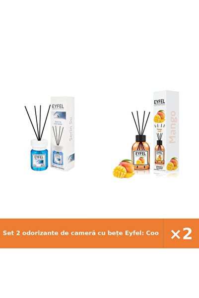 Eyfel Set 2 odorizante de cameră cu bețe Eyfel: Cool Water + Mango, 120 ml