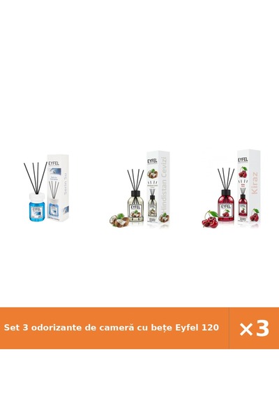 Eyfel Set 3 odorizante de cameră cu bețe 120 ml: Cool Water, Nucă de cocos, C...