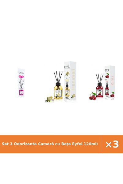 Eyfel Set 3 Odorizante Cameră cu Bețe 120ml: Bubble Gum, Măna Maicii Domnului...
