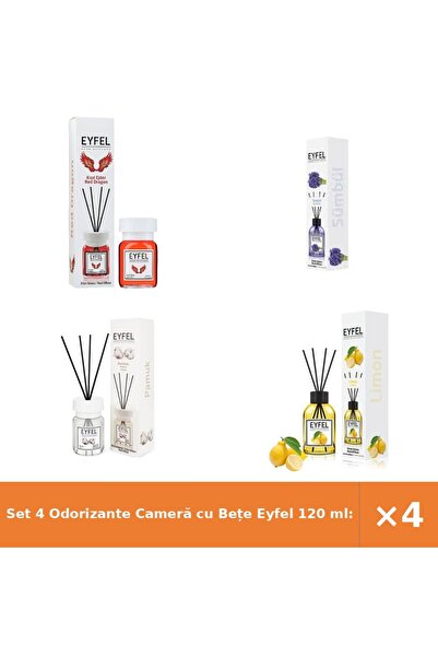 Eyfel Set 4 Odorizante Cameră cu Bețe 120 ml: Red Dragon, Zambile, Bumbac, Lă...
