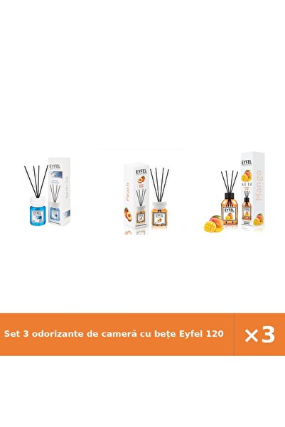 Eyfel Set 3 odorizante de cameră cu bețe 120 ml: Cool Water, Piersică, Mango