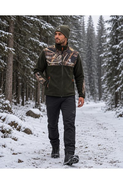 tagon Haki Saz Desenli Detaylı Erkek Outdoor Polar Ceket | Fermuarlı 2 Cepli ...