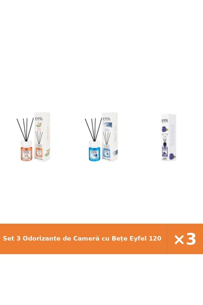 Eyfel Set 3 Odorizante de Cameră cu Bețe 120 ml - Acacia, Cool Water, Zambile