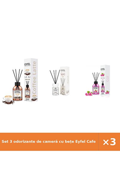 Eyfel Set 3 odorizante de cameră cu bețe Cafea, Bumbac, Trandafir, 3x120 ml
