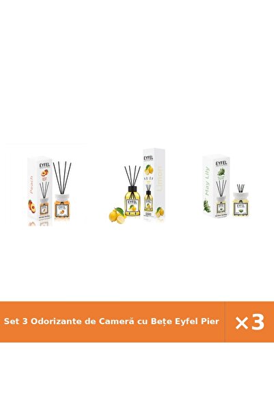Eyfel Set 3 Odorizante de Cameră cu Bețe Piersică, Lămâie, Lăcrămioare 120 ml