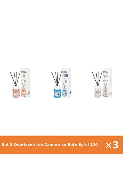 Eyfel Set 3 Odorizante de Cameră cu Bețe 120 ml - Acacia, Cool Water, Bumbac