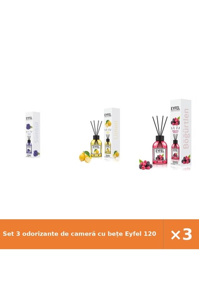 Eyfel Set 3 odorizante de cameră cu bețe 120 ml: Zambile, Lămâie, Fructe de p...