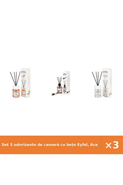 Eyfel Set 3 odorizante de cameră cu bețe Eyfel, Acacia, Vanilie, Bumbac, 3x12...