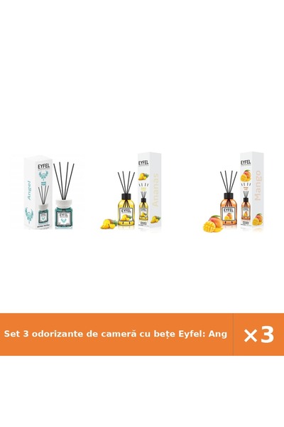 Eyfel Set 3 odorizante de cameră cu bețe Eyfel: Angel, Ananas, Mango, 3x120 ml