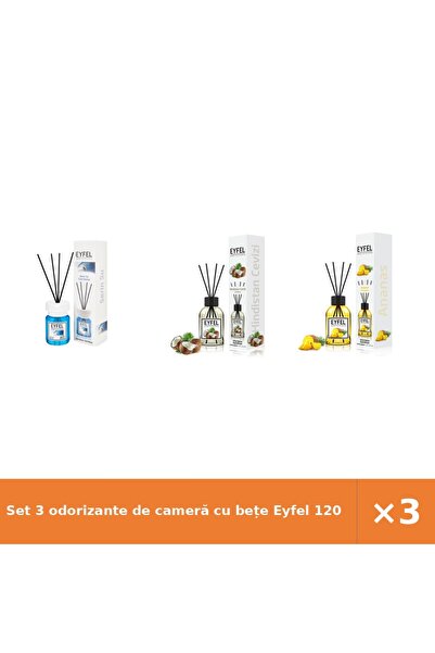 Eyfel Set 3 odorizante de cameră cu bețe 120 ml: Cool Water, Nucă de cocos, A...