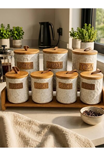 Generic Brand Speckled Design Spice and Seasoning Container Set with Wooden L...