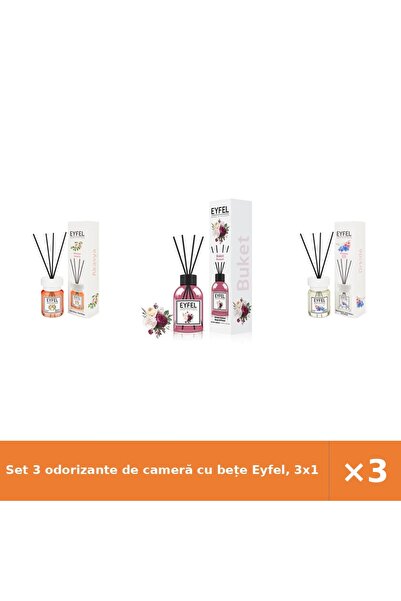 Eyfel Set 3 odorizante de cameră cu bețe Eyfel, 3x120 ml: Acacia, Bouquet, Or...