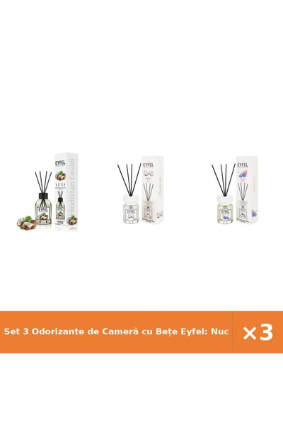 Eyfel Set 3 Odorizante de Cameră cu Bețe Eyfel: Nucă de Cocos, Bumbac, Orhide...