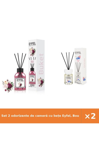 Eyfel Set 2 odorizante de cameră cu bețe Eyfel, Bouquet + Orhidee, 2x120 ml