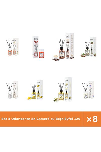 Eyfel Set 8 Odorizante de Cameră cu Bețe 120 ml - Acacia, Red Dragon, Cafea, ...