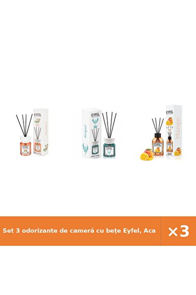Eyfel Set 3 odorizante de cameră cu bețe Eyfel, Acacia, Angel, Mango, 3x120 ml
