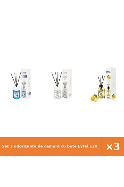 Eyfel Set 3 odorizante de cameră cu bețe 120 ml: Cool Water, Bumbac, Lămâie