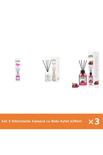Eyfel Set 3 Odorizante Cameră cu Bețe 120ml: Bubble Gum, Bumbac, Fructe de Pă...