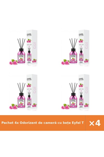 Eyfel Pachet 4x Odorizant de cameră cu bețe Trandafir, 120 ml