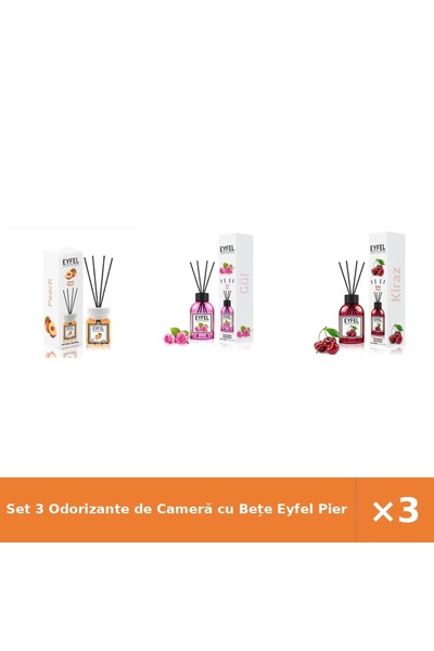 Eyfel Set 3 Odorizante de Cameră cu Bețe Piersică, Trandafir, Cireșe 120 ml