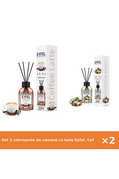 Eyfel Set 2 odorizante de cameră cu bețe Eyfel, Cafea și Nucă de cocos, 2x120 ml