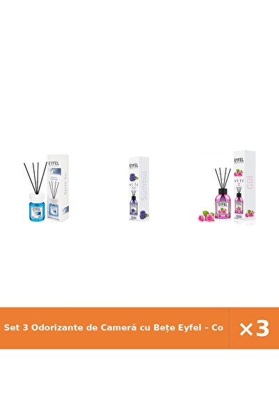 Eyfel Set 3 Odorizante de Cameră cu Bețe – Cool Water, Zambile, Trandafir, 12...