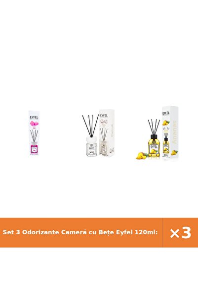 Eyfel Set 3 Odorizante Cameră cu Bețe 120ml: Bubble Gum, Bumbac, Ananas