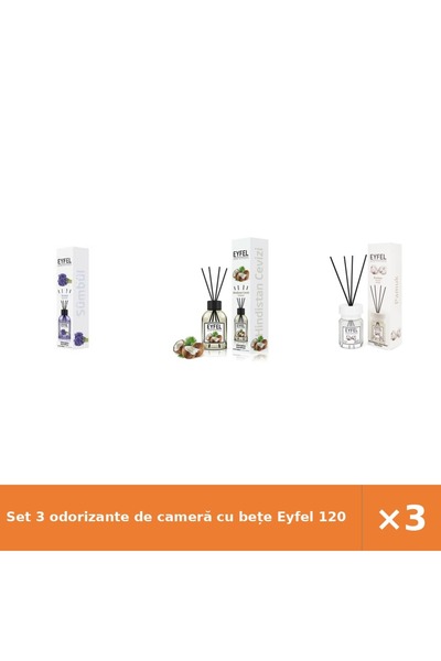 Eyfel Set 3 odorizante de cameră cu bețe 120 ml: Zambile, Nucă de cocos, Bumbac