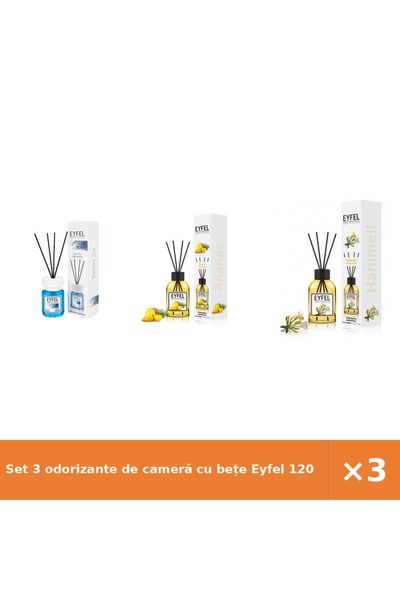Eyfel Set 3 odorizante de cameră cu bețe 120 ml: Cool Water, Ananas, Mână Mai...
