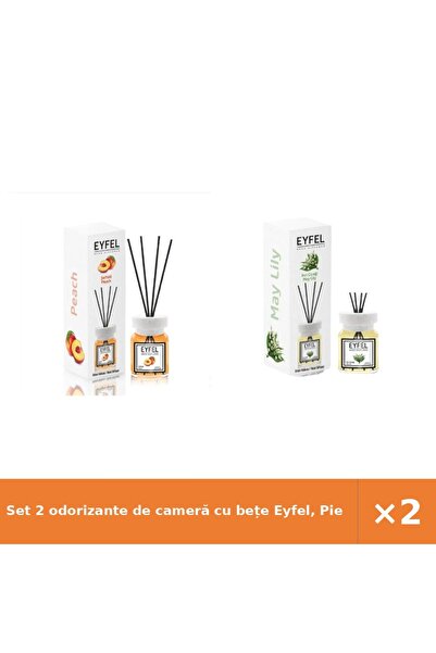 Eyfel Set 2 odorizante de cameră cu bețe Eyfel, Piersică + Lăcrămioare, 120 ml
