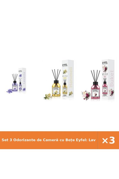 Eyfel Set 3 Odorizante de Cameră cu Bețe Eyfel: Lavandă, Mana Maicii Domnului...