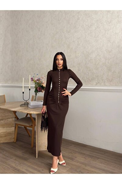 maf collection Γυναικείο μακρυμάνικο φόρεμα σε καφέ χρώμα με μισό ζιβάγκο, κο...