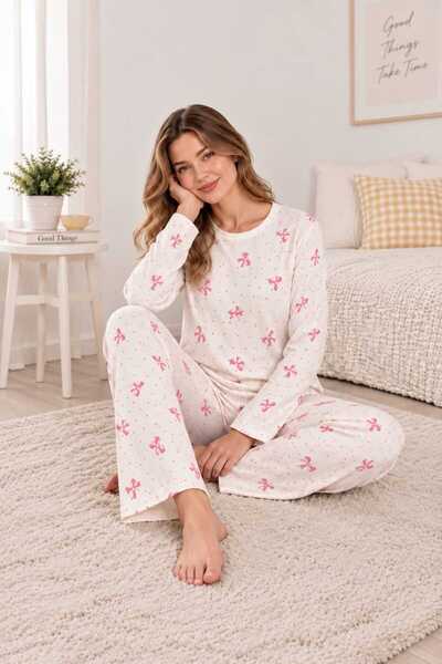 Sude HOMEWEAR Pembe Kurdele Desenli Basic ince Örme Pijama Takımı