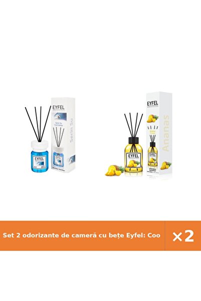 Eyfel Set 2 odorizante de cameră cu bețe Eyfel: Cool Water + Ananas, 120 ml