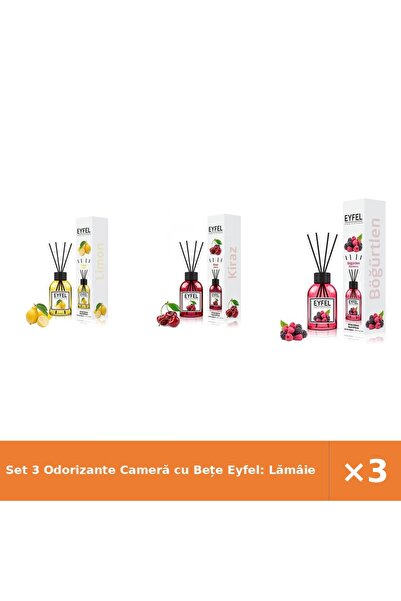 Eyfel Set 3 Odorizante Cameră cu Bețe Eyfel: Lămâie, Cireșe, Fructe de Pădure...