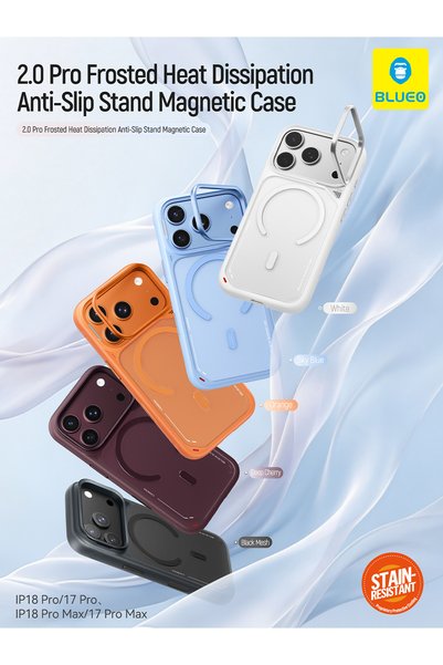 BLUEO Frosted Burgonya rengi iPhone 18 Pro Uyumlu Kılıf | MagSafe Özellikli & Standlı Isı Dağıtıcı Mat ve Leke Tutmaz