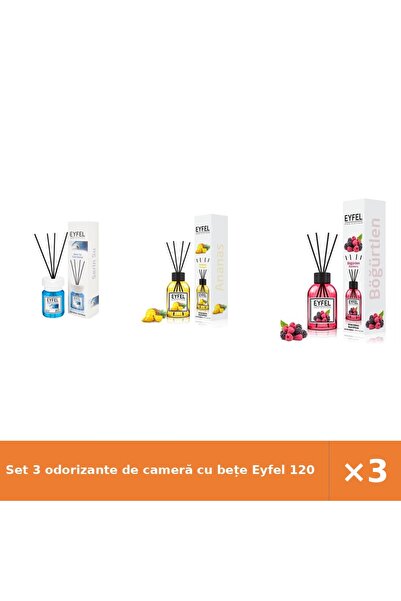 Eyfel Set 3 odorizante de cameră cu bețe 120 ml: Cool Water, Ananas, Fructe d...