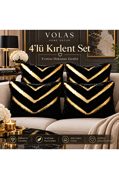 Volas 4'lü Set Siyah Gold Detaylı Peluş Dekoratif Yastık 40x55 cm İçi Dolgulu...