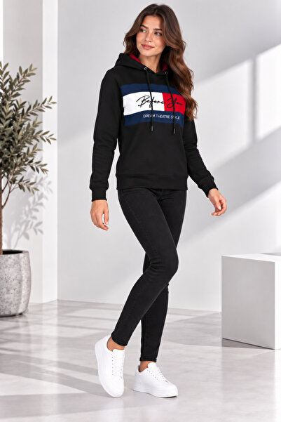 giyimpatik Women's Premium Fleece Lined 3 Yarn Hooded Cotton Color Block Prin...