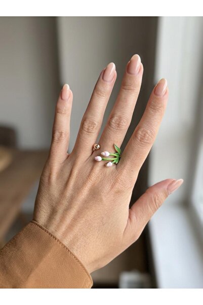 ILSA Adjustable Pinterest Design Ring with White and Pink Enamel Tulip Buds a...