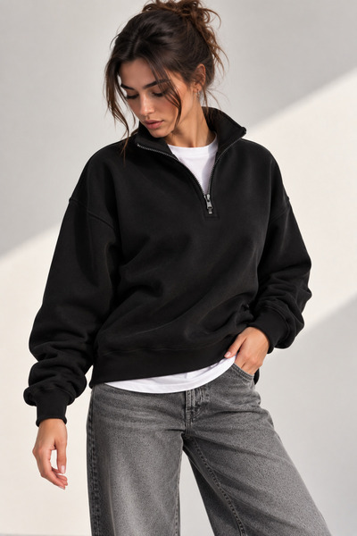 Lizbon Style Kadın Oversize Sweatshirt Yarım Fermuarlı Dik Yaka Rahat Kalıp Günlük Sweat - Siyah