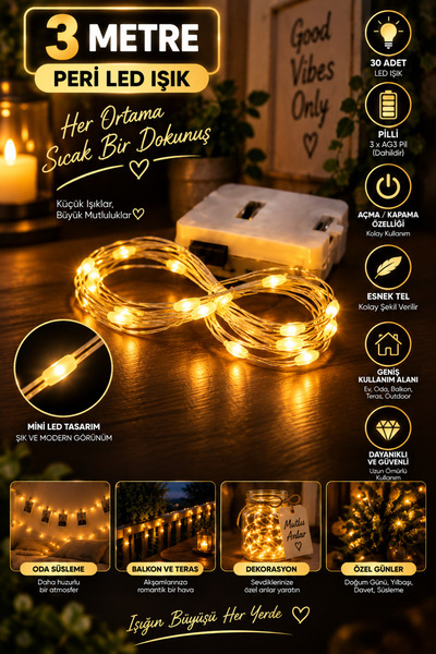 ZNEEL 3 Metre - Pilli Peri LED Işık Günışığı Dekoratif Esnek Tel Led – AG3 Pi...