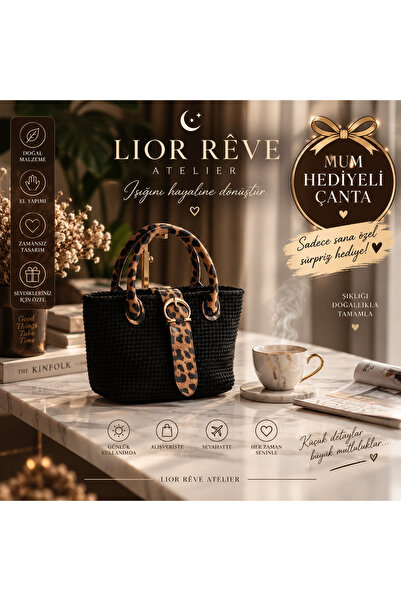 LIOR RÊVE ATELIER El Yapımı Örgü Çanta – Siyah Leopar Desenli Sap ve Detaylı Kadın Omuz Çantası