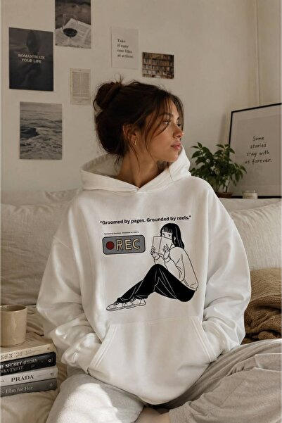 JANTIL MODA White Unisex Oversize 3 Thread Threaded Printed Hooded Sweatshirt...