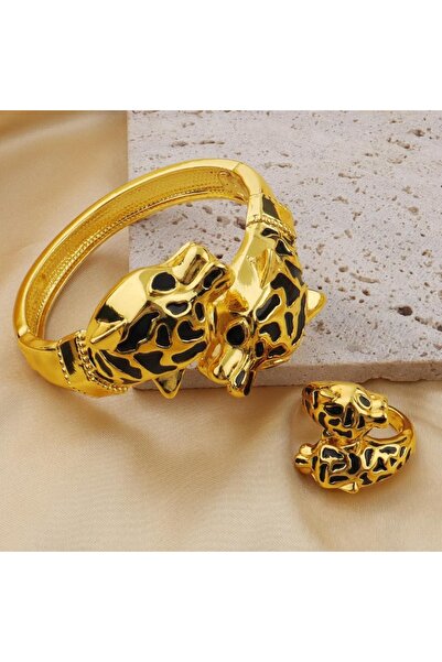 Generic Brand Women's Leopard Design Gold Color Black Bracelet Ring Accessori...