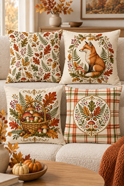 stellahomes Autumn Fox, Mushroom and Oak Leaf Patterned Decorative Throw Pill...