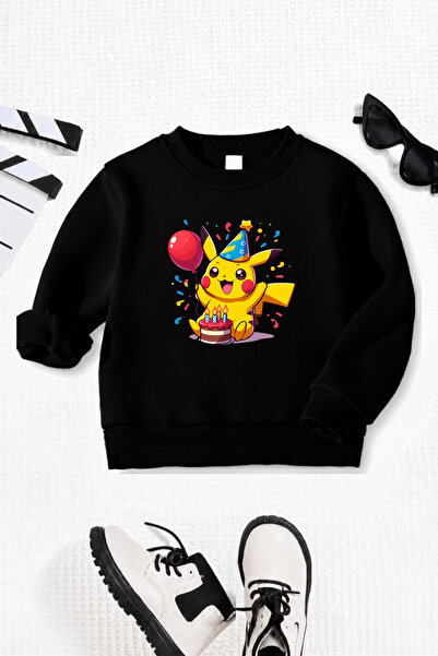 Canlook Doğum Günü Konseptli Pokemon Pikachu Baskılı Çocuk Sweatshirt