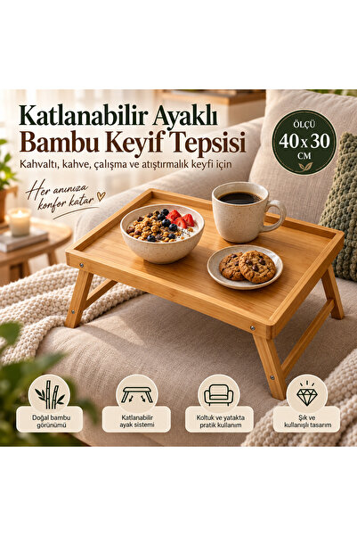 Katlanabilir Ayaklı Bambu Keyif Tepsisi 40x30 cm, Kahvaltı ve Laptop Tepsisi